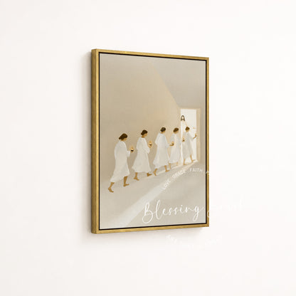 Five wise virgins entering the wedding feast in a gold framed Christian canvas by Blessing Brush
