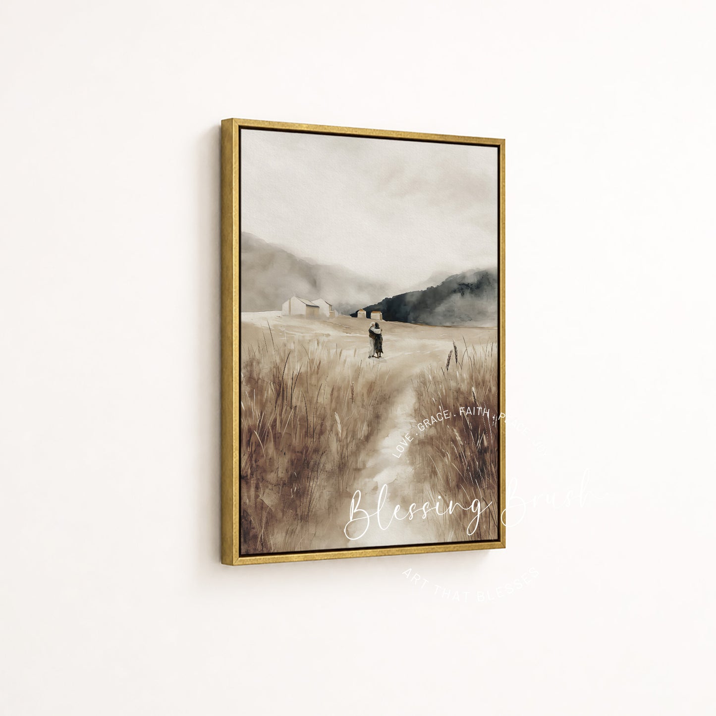 Large Prodigal Son gold framed canvas as elegant christian home decor anchoring a living room wall | Blessing Brush