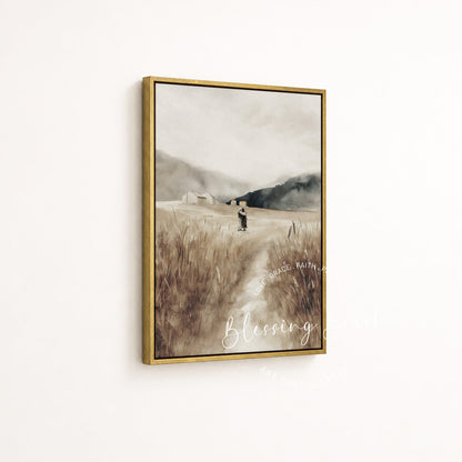 Large Prodigal Son gold framed canvas as elegant christian home decor anchoring a living room wall | Blessing Brush