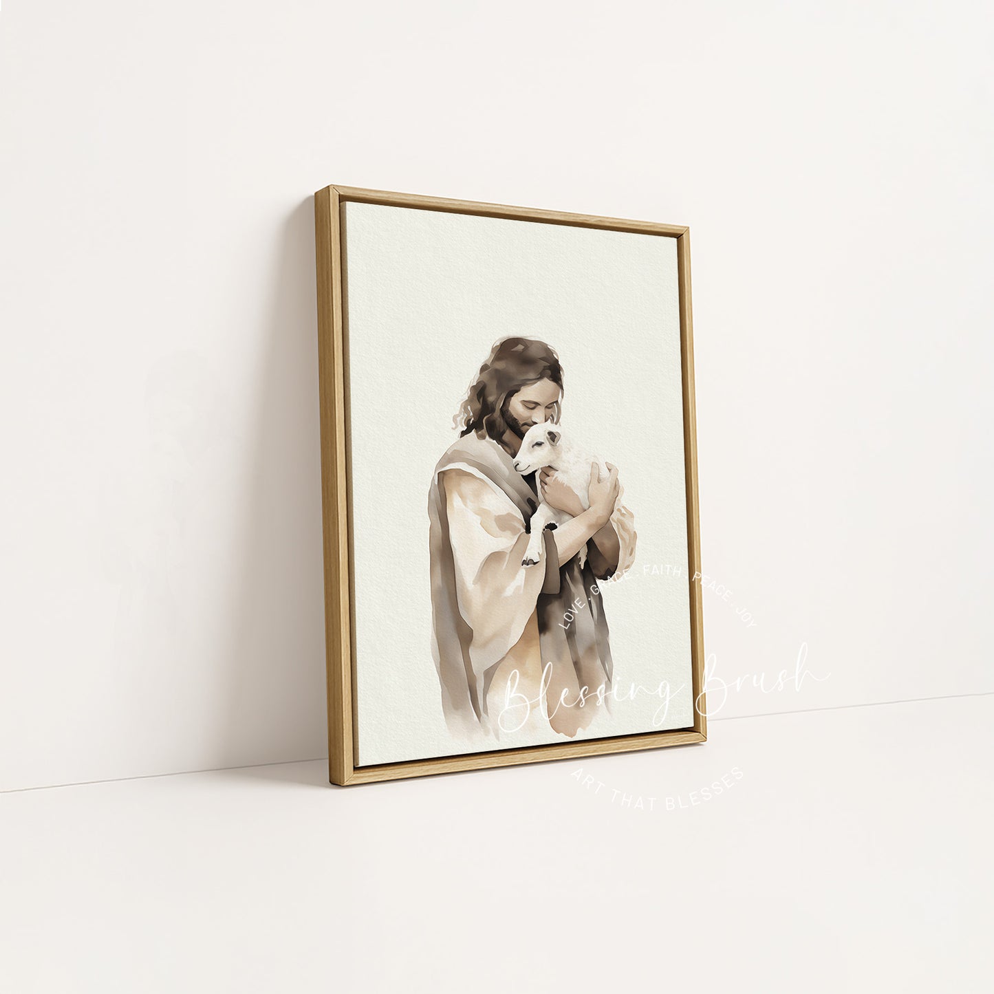 Psalm 23 Good Shepherd Jesus artwork in a wood framed canvas, perfect for Christian farmhouse or modern farmhouse decor | Blessing Brush