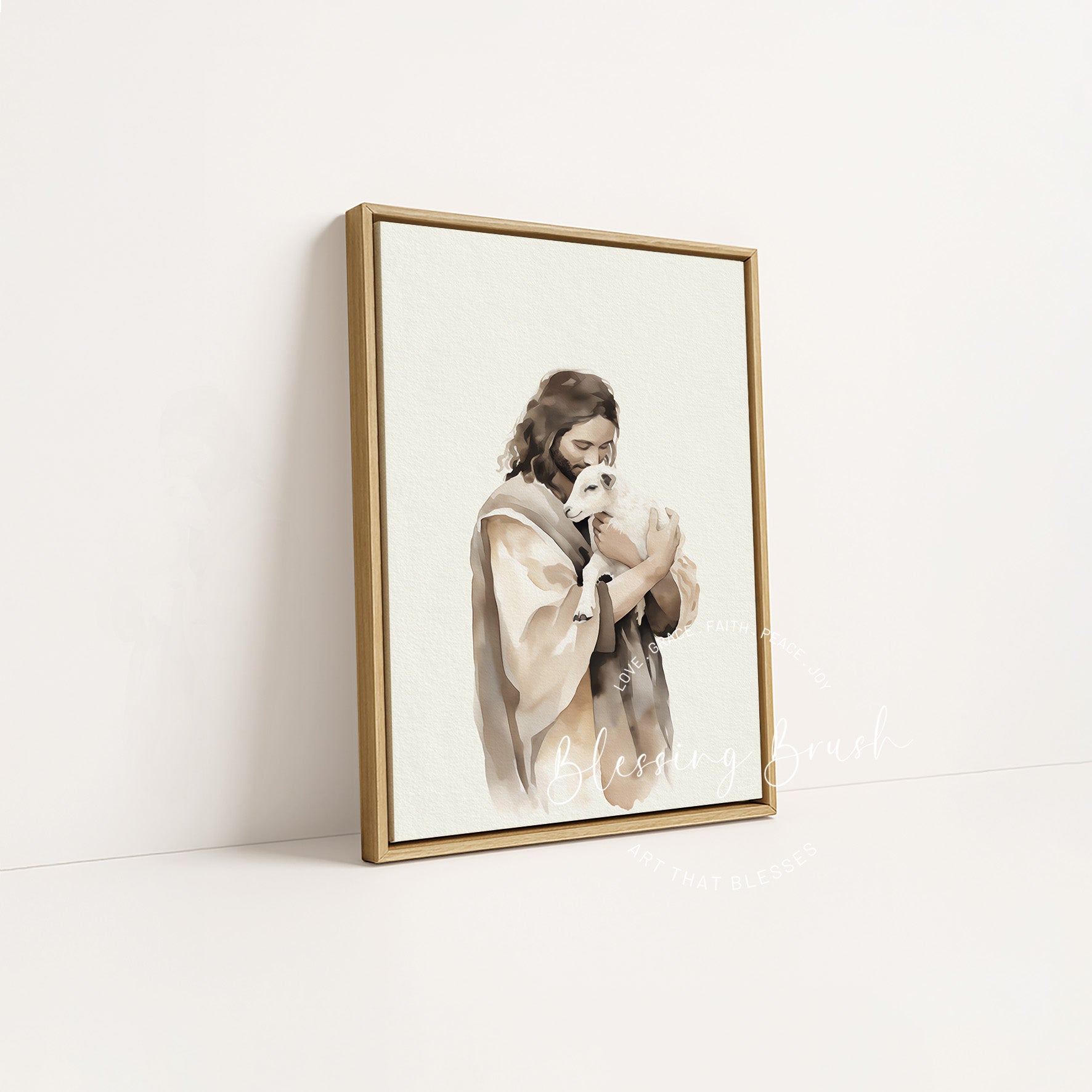 Psalm 23 Good Shepherd Jesus artwork in a wood framed canvas, perfect for Christian farmhouse or modern farmhouse decor | Blessing Brush