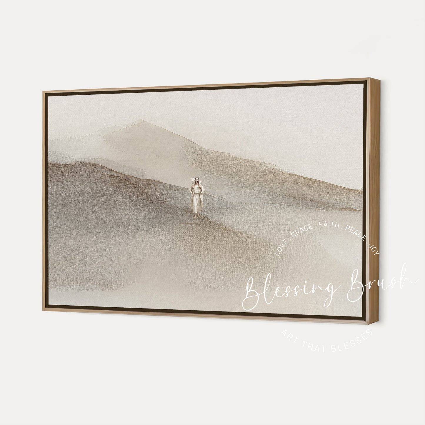 Minimalist Christian wall art titled “Rejoice With Me – Jesus Found the Lost Sheep.” Features the shepherd joyfully carrying the lost sheep back home in a calm, neutral landscape, inspired by Luke 15. Modern faith decor by Blessing Brush.