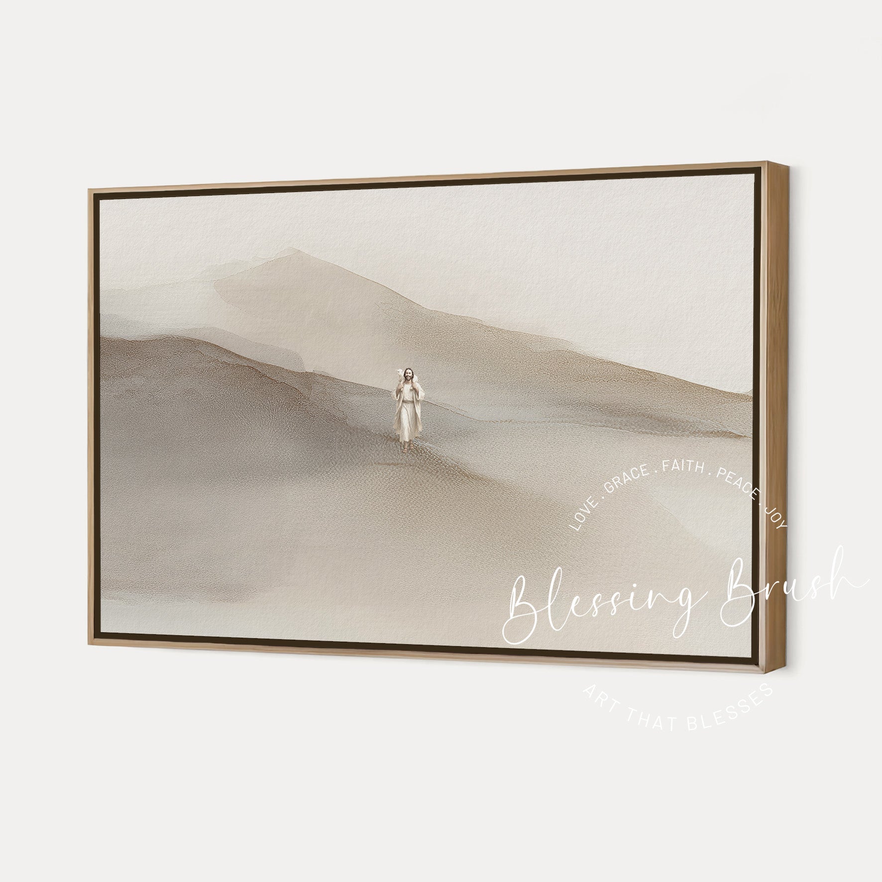 Minimalist Christian wall art titled “Rejoice With Me – Jesus Found the Lost Sheep.” Features the shepherd joyfully carrying the lost sheep back home in a calm, neutral landscape, inspired by Luke 15. Modern faith decor by Blessing Brush.
