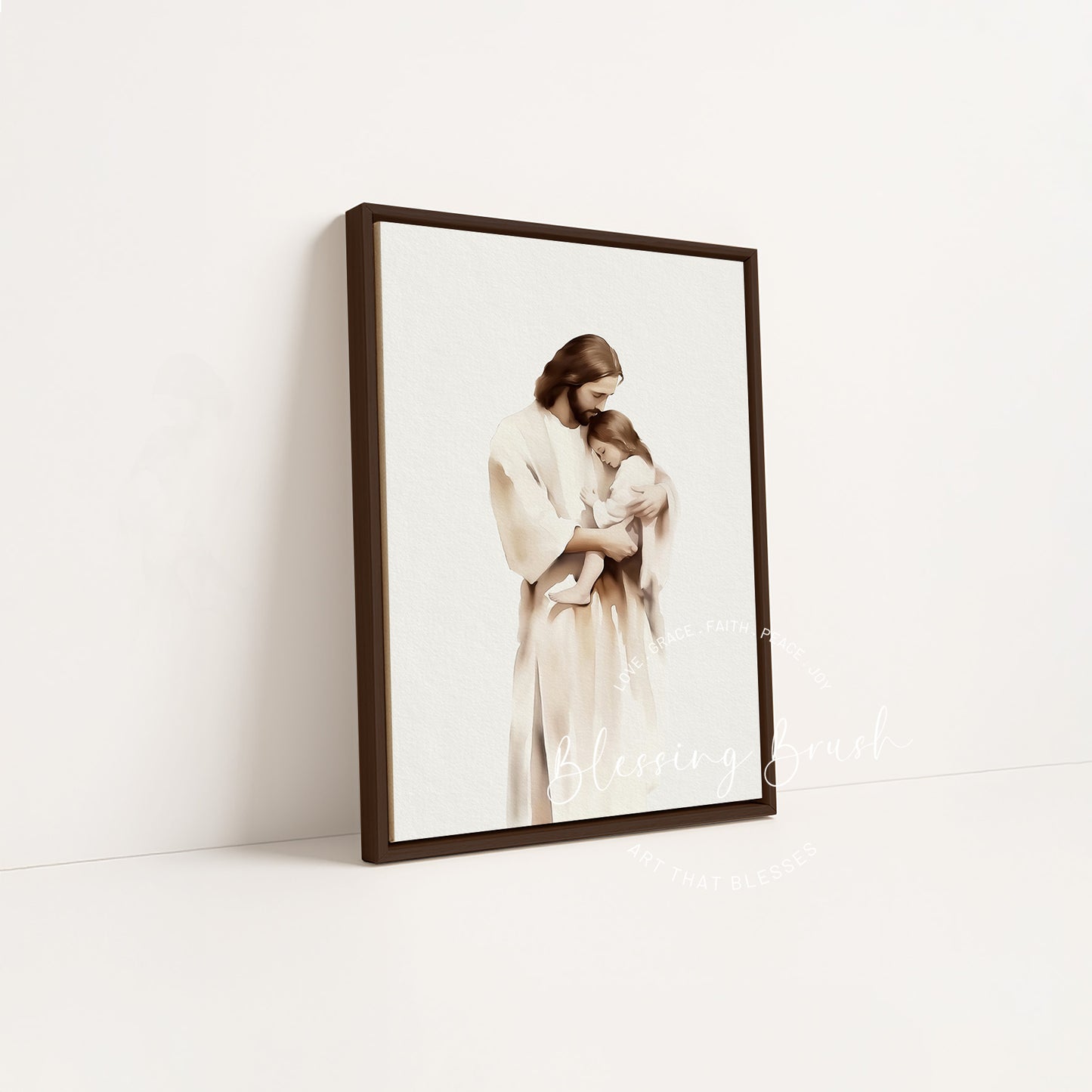 Little girl resting safely in the arms of Jesus in peaceful beige Christian art by Blessing Brush