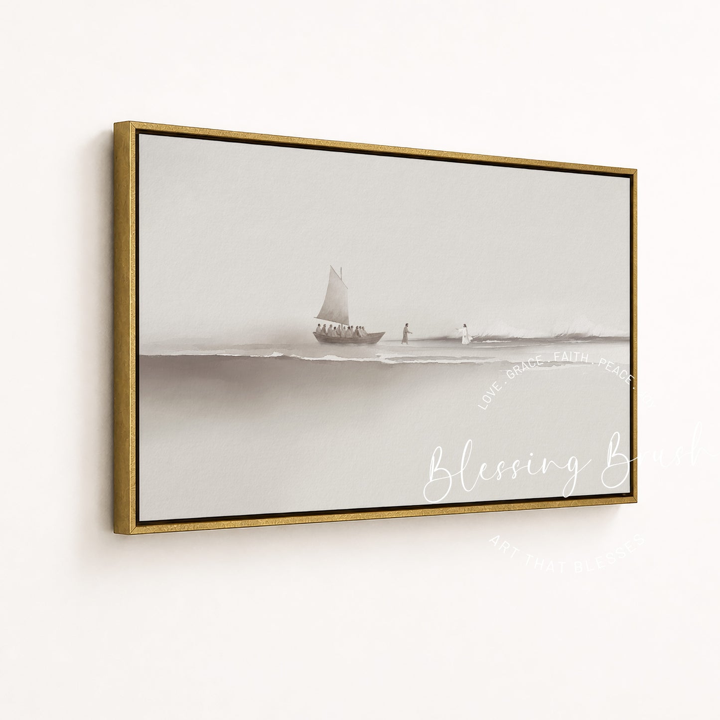 Step of Faith – Jesus and Peter Walk on Water Framed Canvas, Neutral Beige Minimalist Christian Wall Art | Blessing Brush