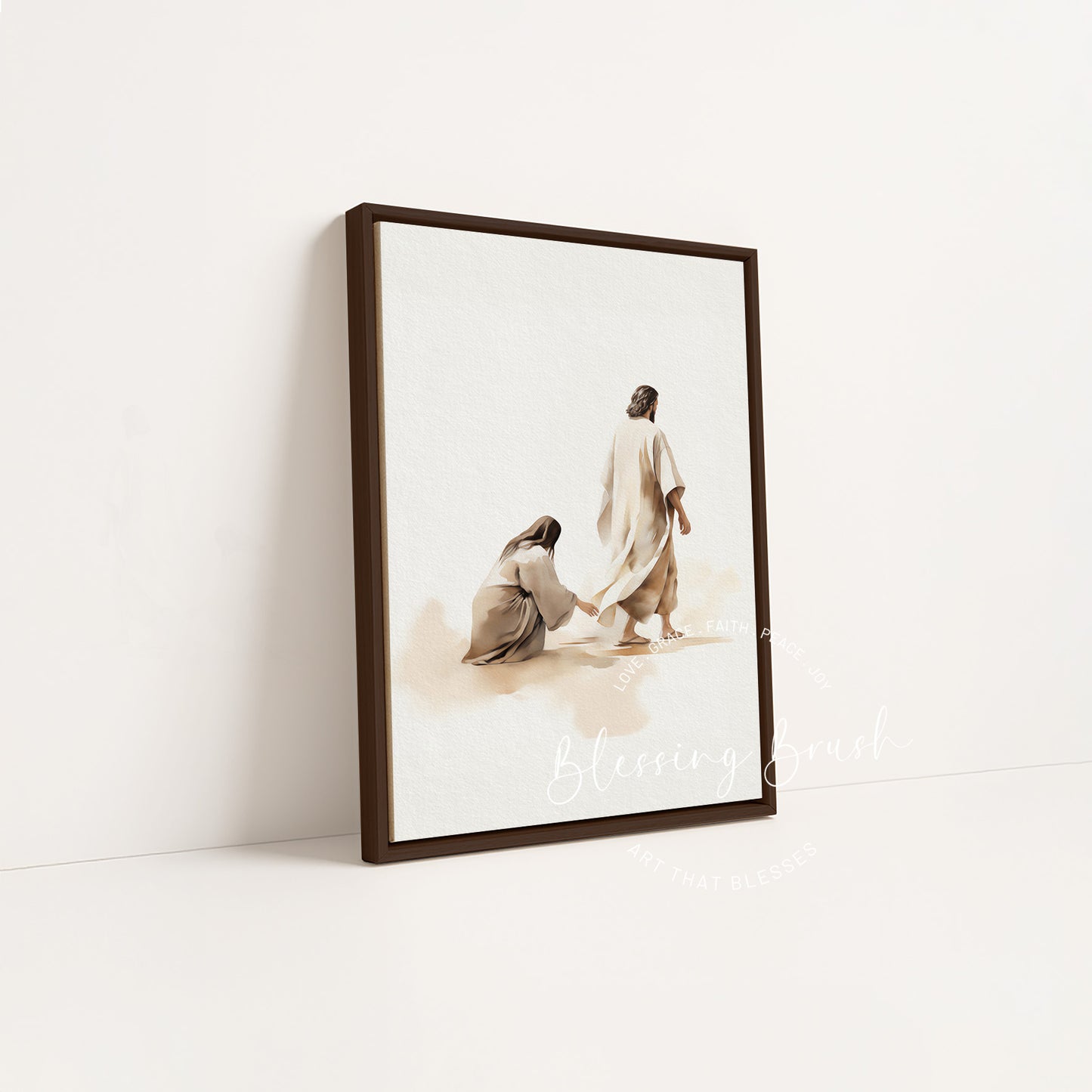 Take Heart Daughter artwork of Jesus and the woman of faith in a dark wood framed canvas by Blessing Brush