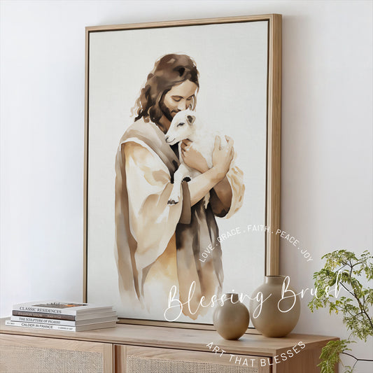 Watercolor painting of Jesus gently holding a sheep close to His chest, inspired by the Good Shepherd and Lost Sheep parables, framed Christian canvas in warm neutral tones, Blessing Brush.