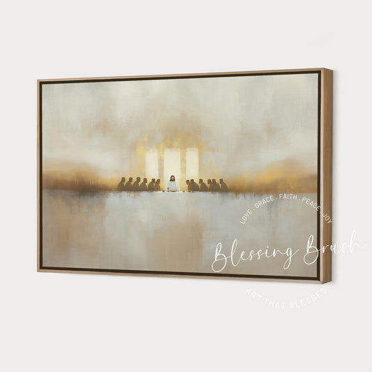 Modern Christian painting of The Last Supper – Jesus with disciples, gold and beige, large framed canvas, Blessing Brush art.