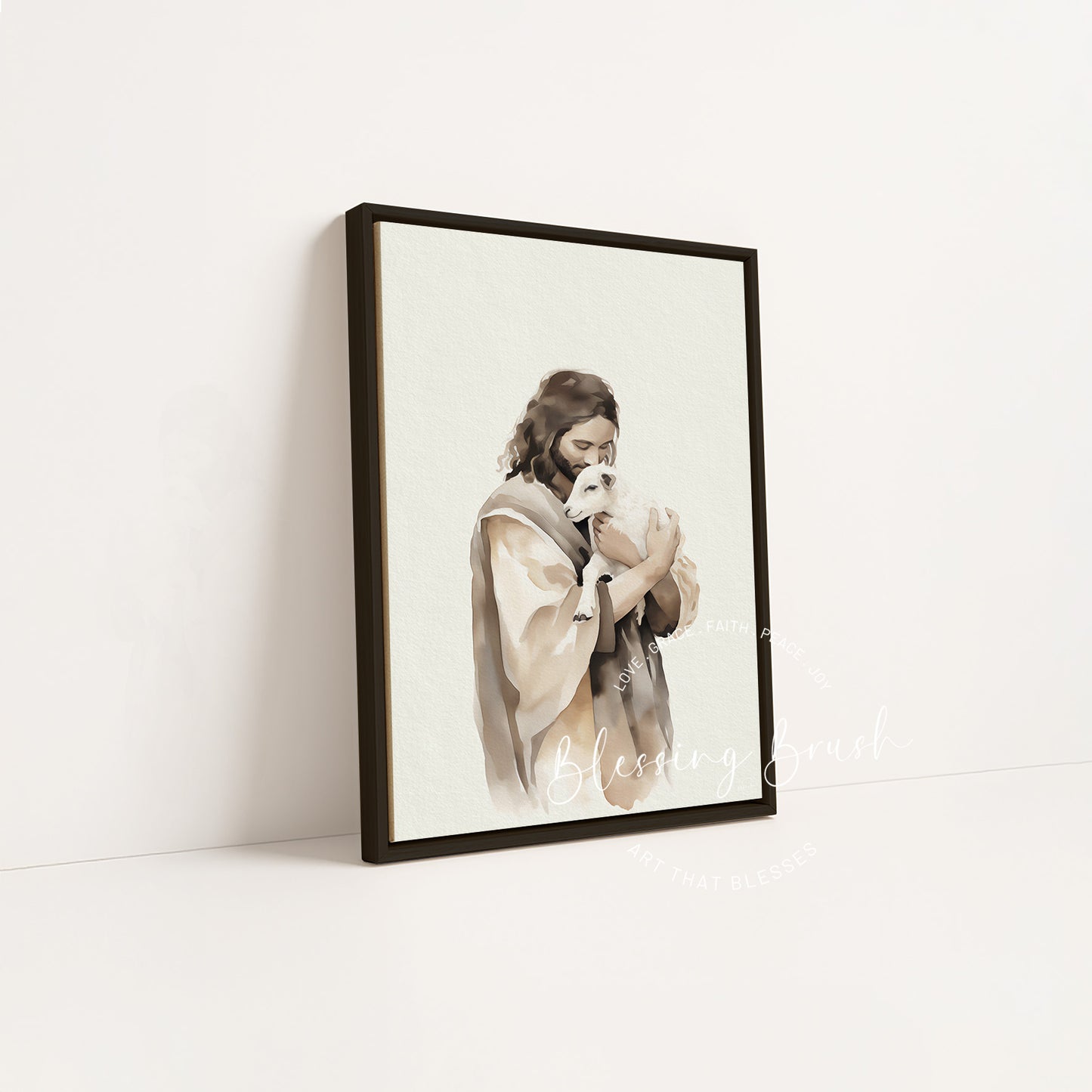 Good Shepherd Jesus and Sheep Framed Canvas, Christian Wall Art