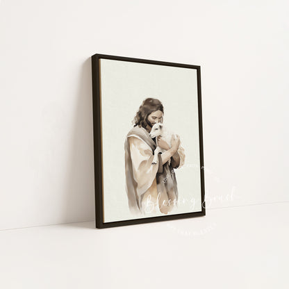 Good Shepherd Jesus and Sheep Framed Canvas, Christian Wall Art