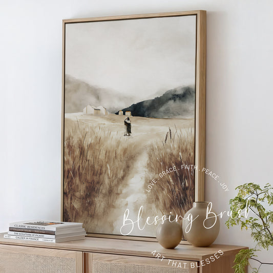 Christian watercolor painting of the Prodigal Son embraced by the father in a golden field with distant houses, framed canvas wall art with warm tones, Blessing Brush.