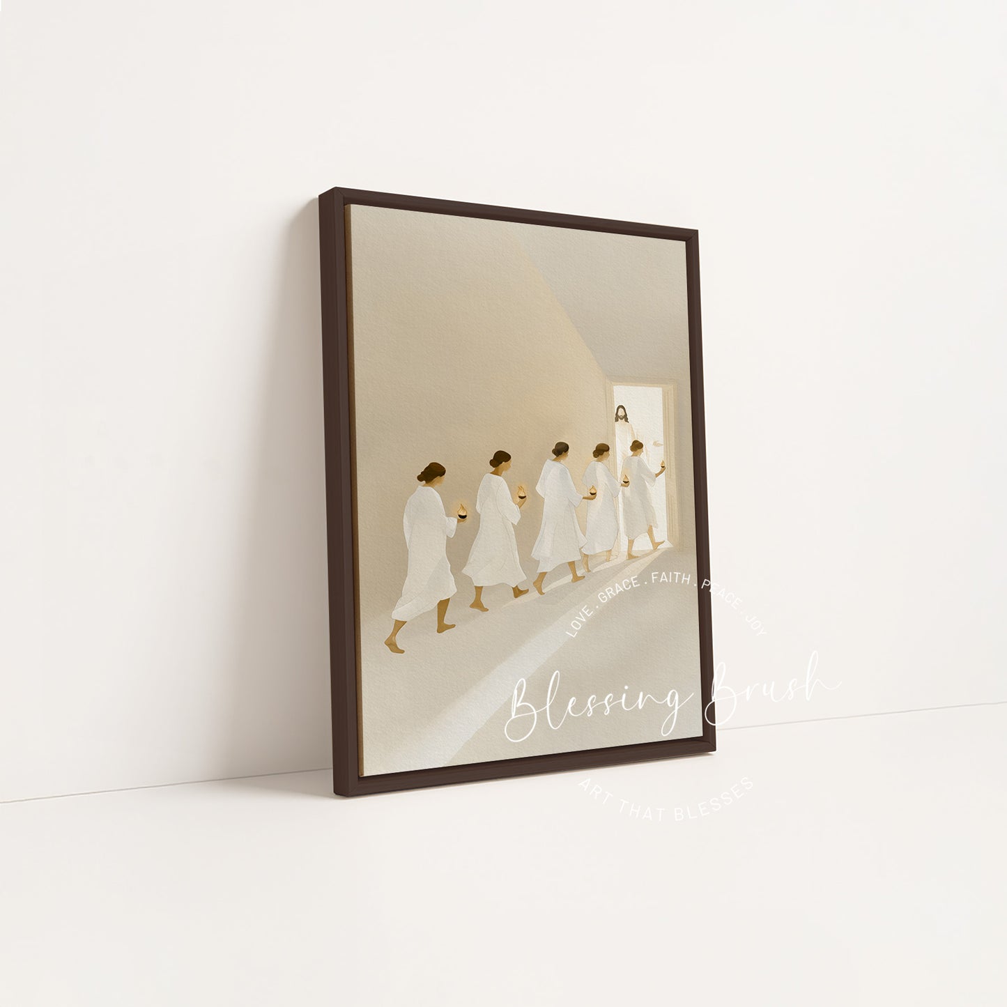 Those Who Were Ready Matthew 25 artwork in a dark wood framed canvas by Blessing Brush