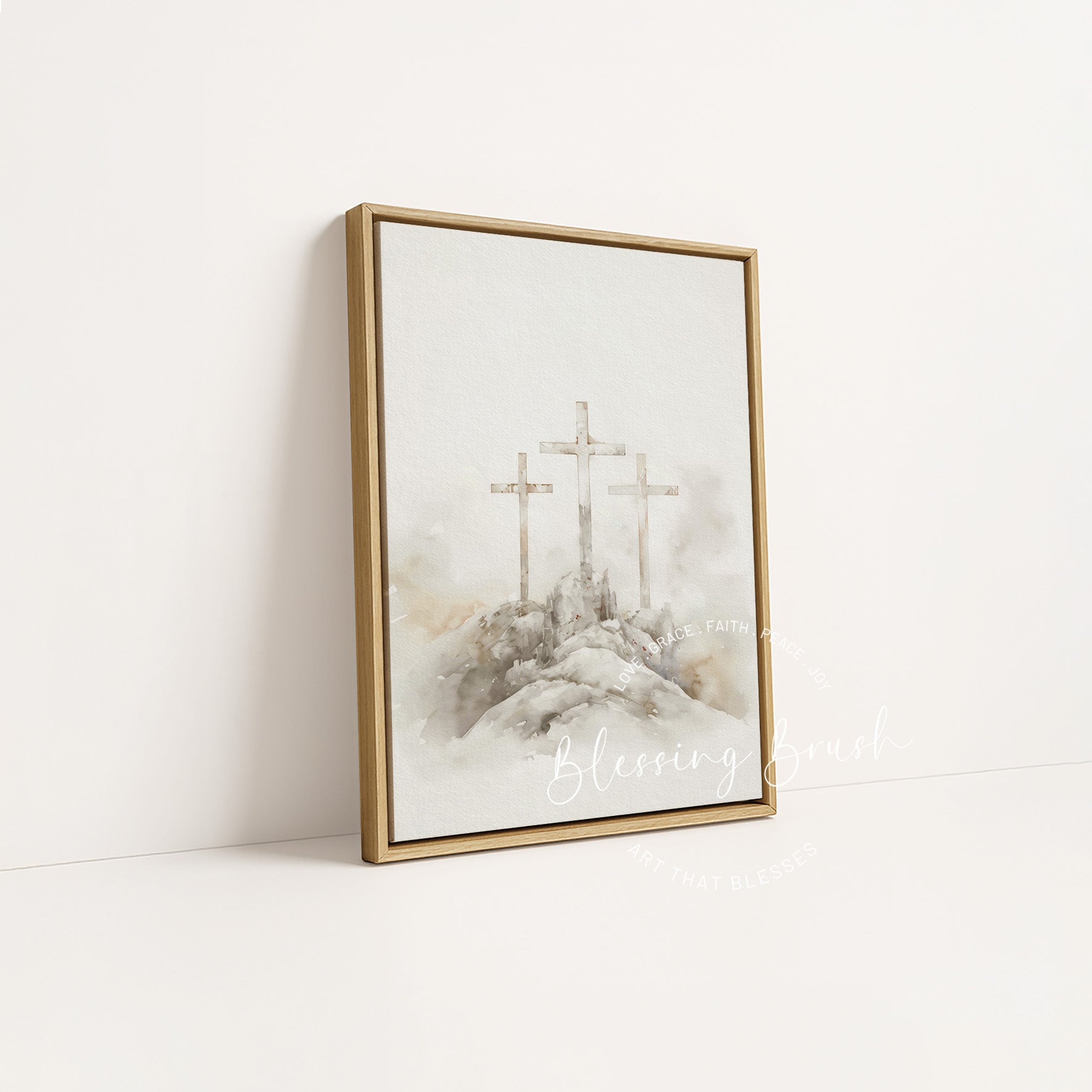 Three crosses standing on Calvary Hill in a natural wood framed canvas by Blessing Brush