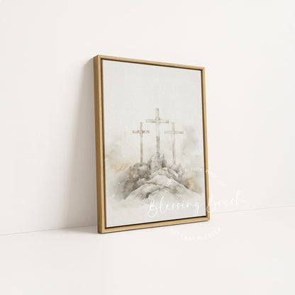 Three crosses standing on Calvary Hill in a natural wood framed canvas by Blessing Brush
