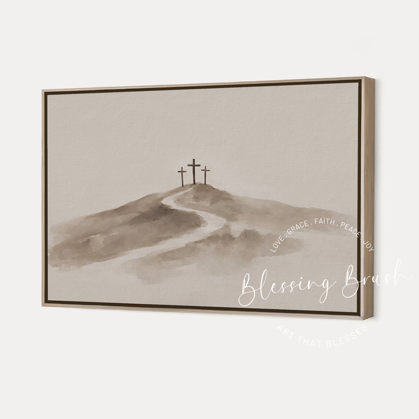 Minimalist beige watercolor painting of the three crosses at Calvary hill with a winding path, symbolizing Jesus Christ’s sacrifice and redemption, by Blessing Brush