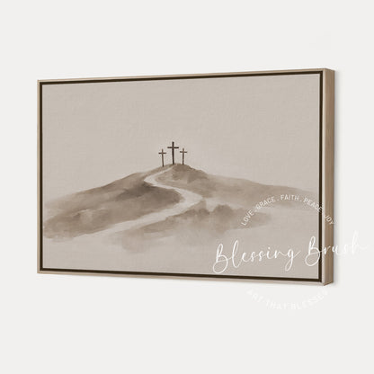 Minimalist beige watercolor painting of the three crosses at Calvary hill with a winding path, symbolizing Jesus Christ’s sacrifice and redemption, by Blessing Brush