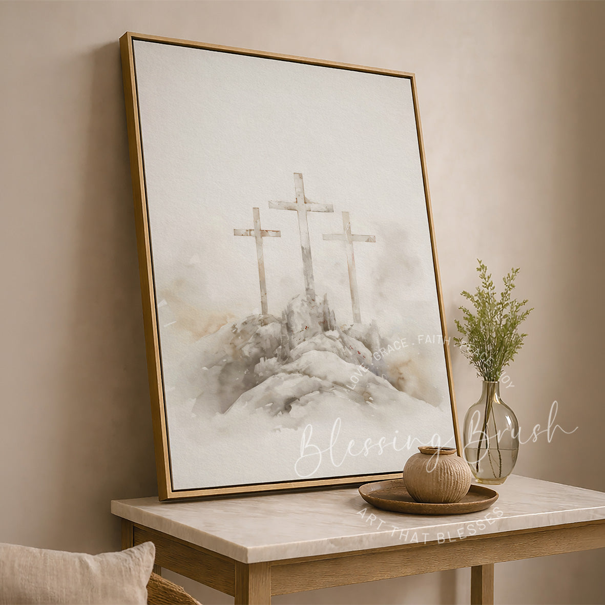 Three crosses on Calvary Hill displayed as peaceful neutral Christian wall decor by Blessing Brush