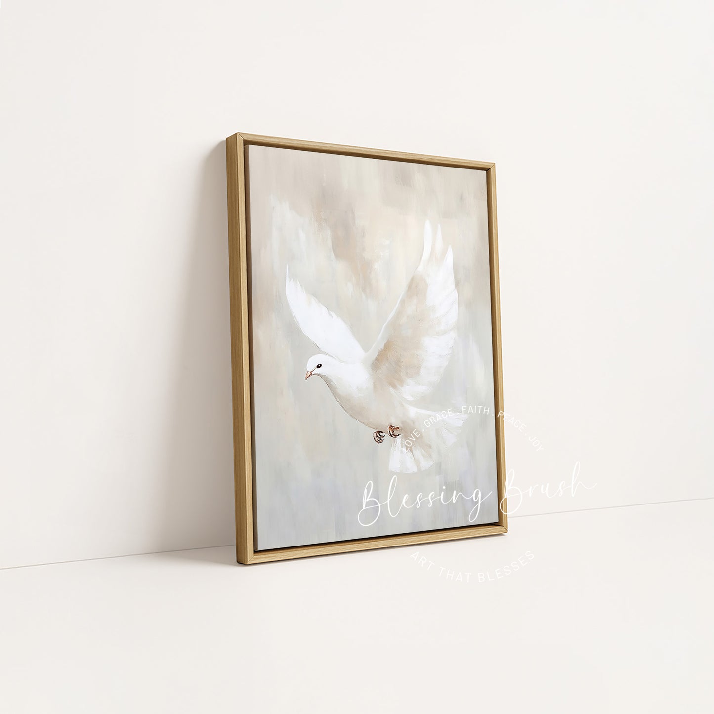 White Dove symbolizing the Holy Spirit in a wood framed Christian canvas by Blessing Brush