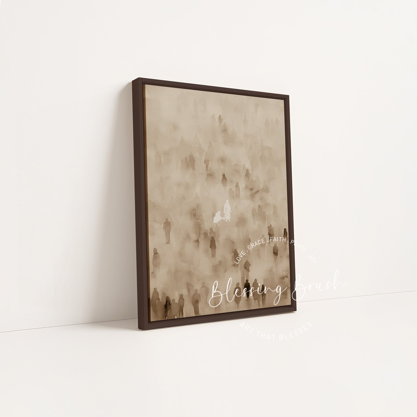 Dark wood framed canvas art of the woman healed by Christ's garment hem, a spiritual gift anchored in Scripture | Blessing Brush