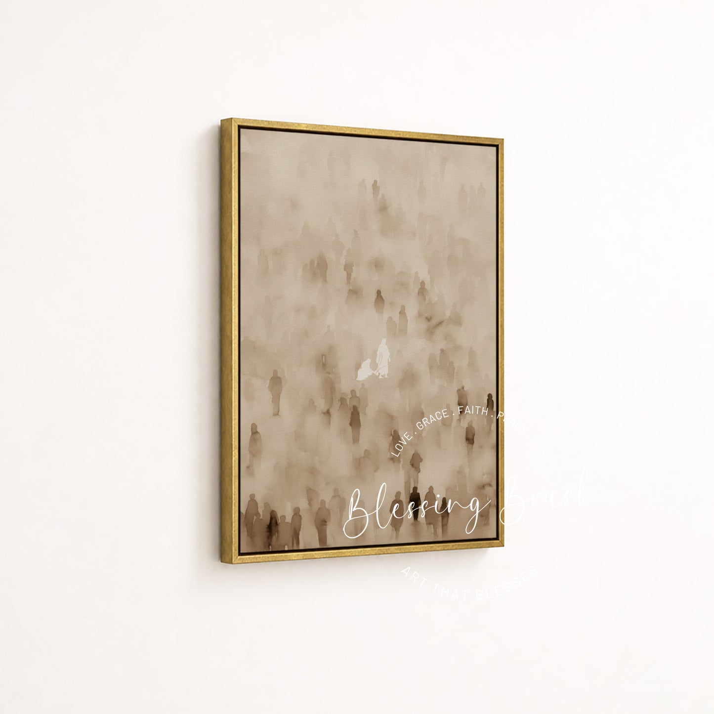 Gallery quality gold framed fine art of Jesus healing the woman who touched His garment, museum quality Christian decor | Blessing Brush
