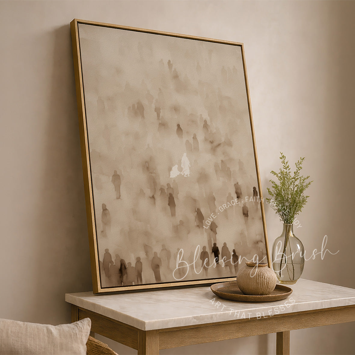 Elegant bible story wall decor depicting the woman healed by touching Jesus's garment, sacred Christian art for prayer rooms | Blessing Brush