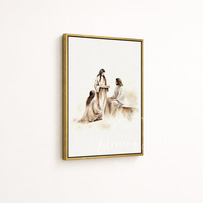 Mary and Martha with Jesus - Christian Framed Canvas Wall Art, Bible Devotion Scene, Faith-Based Neutral Home Decor