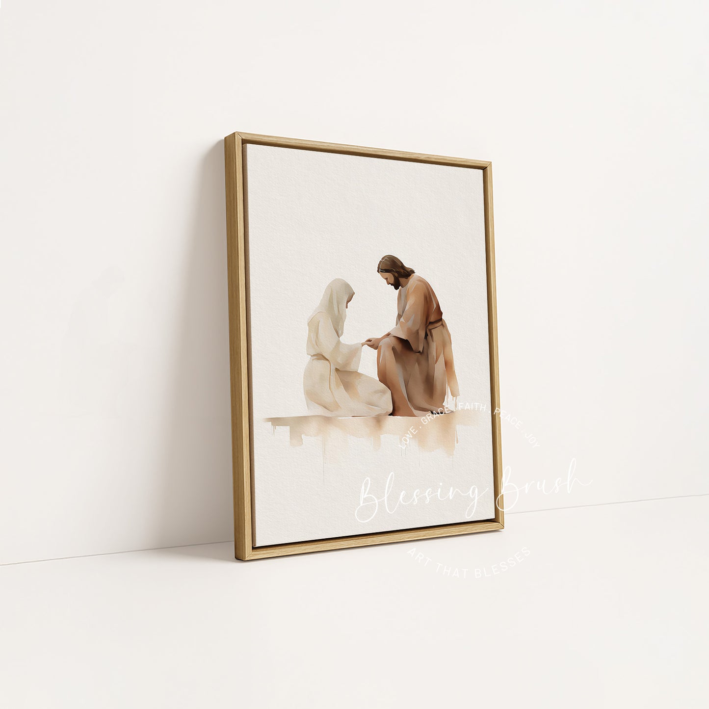 Wood framed canvas of Jesus healing a woman, gallery quality Christian art for faith filled home decor | Blessing Brush