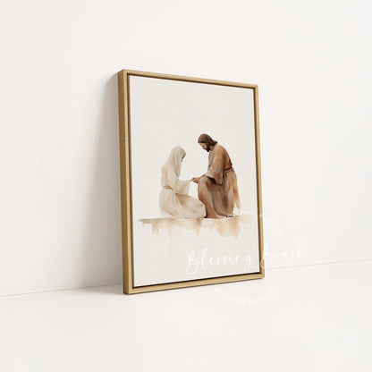 Wood framed canvas of Jesus healing a woman, gallery quality Christian art for faith filled home decor | Blessing Brush
